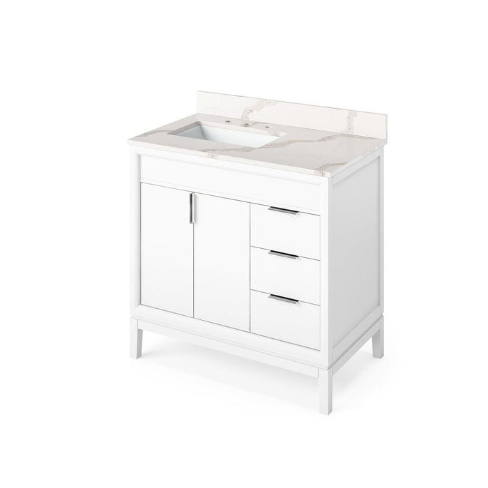 Jeffrey Alexander 36" White Theodora Vanity, left offset, Calacatta Vienna Quartz Vanity Top, undermount rectangle bowl