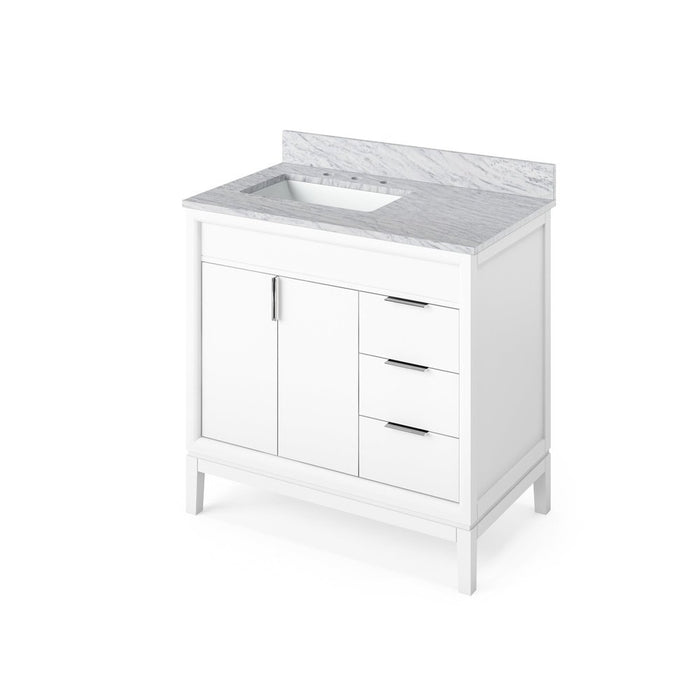 Jeffrey Alexander 36" White Theodora Vanity, left offset, White Carrara Marble Vanity Top, undermount rectangle bowl