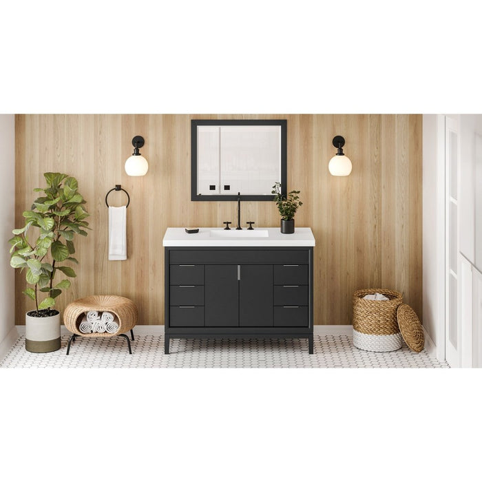 Jeffrey Alexander 48" Black Theodora Vanity, Lavante Cultured Marble Vessel Vanity Top, integrated rectangle bowl