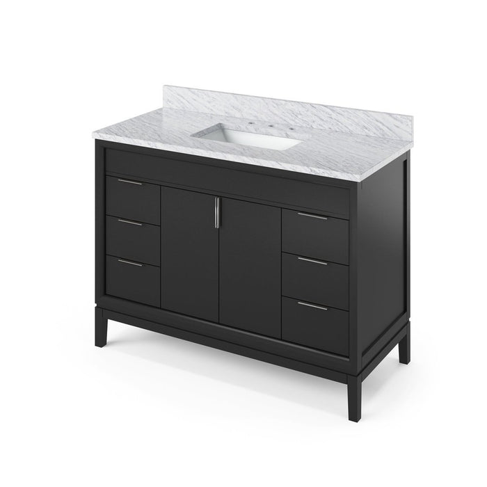 Jeffrey Alexander 48" Black Theodora Vanity, White Carrara Marble Vanity Top, undermount rectangle bowl