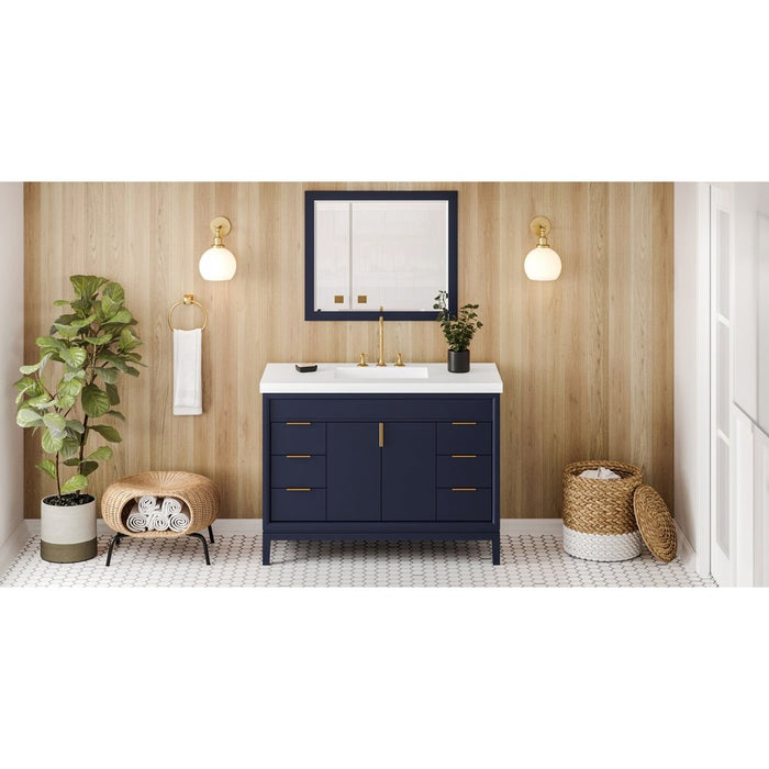 Jeffrey Alexander 48" Hale Blue Theodora Vanity, Lavante Cultured Marble Vessel Vanity Top, integrated rectangle bowl