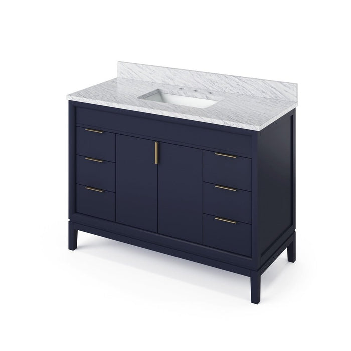 Jeffrey Alexander 48" Hale Blue Theodora Vanity, White Carrara Marble Vanity Top, undermount rectangle bowl