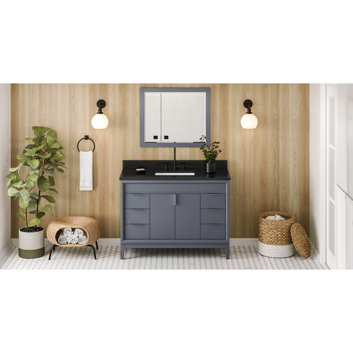 Jeffrey Alexander 48" Blue Steel Theodora Vanity, Black Granite Vanity Top, undermount rectangle bowl