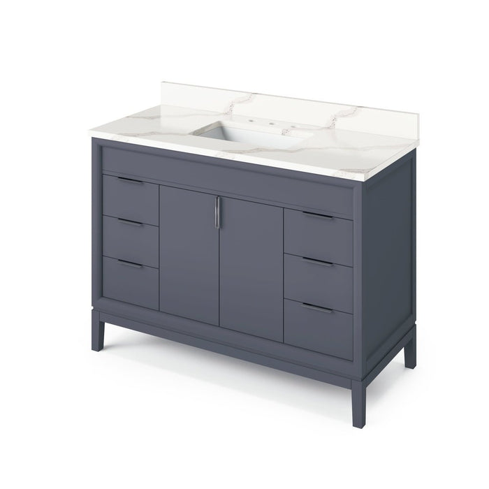 Jeffrey Alexander 48" Blue Steel Theodora Vanity, Calacatta Vienna Quartz Vanity Top, undermount rectangle bowl