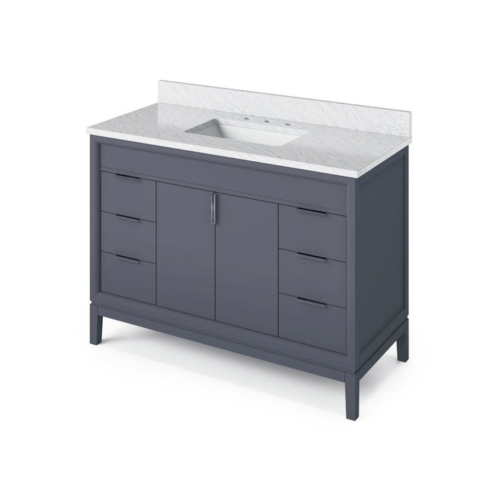 Jeffrey Alexander 48" Blue Steel Theodora Vanity, White Carrara Marble Vanity Top, undermount rectangle bowl