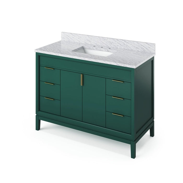 Jeffrey Alexander 48" Forest Green Theodora Vanity, White Carrara Marble Vanity Top, undermount rectangle bowl