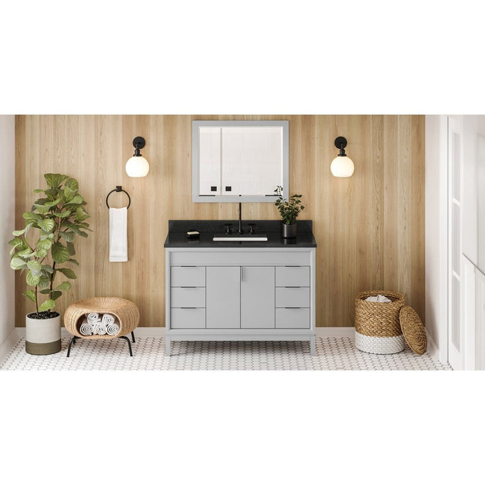 Jeffrey Alexander 48" Grey Theodora Vanity, Black Granite Vanity Top, undermount rectangle bowl