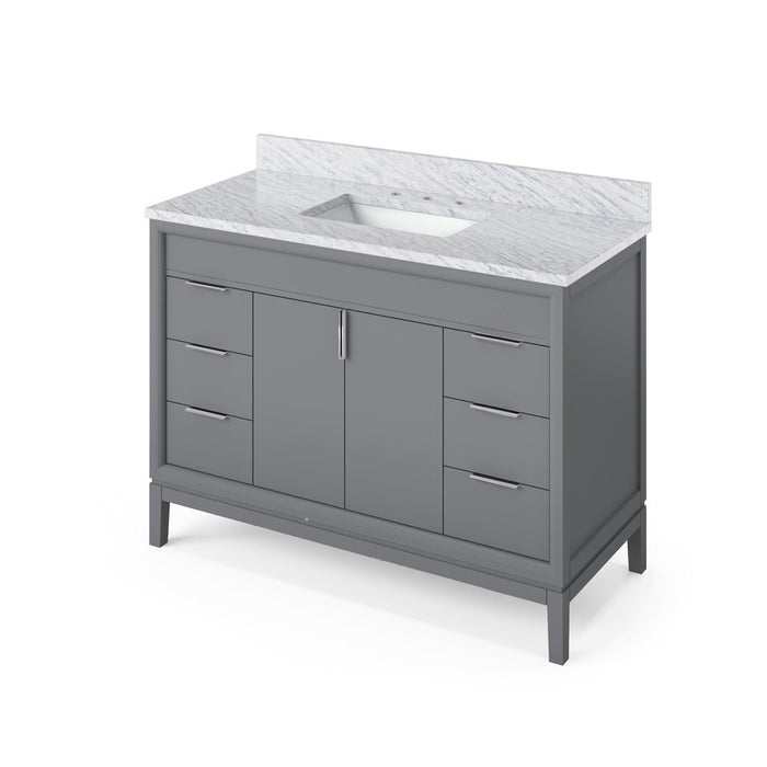 Jeffrey Alexander 48" Grey Theodora Vanity, White Carrara Marble Vanity Top, undermount rectangle bowl