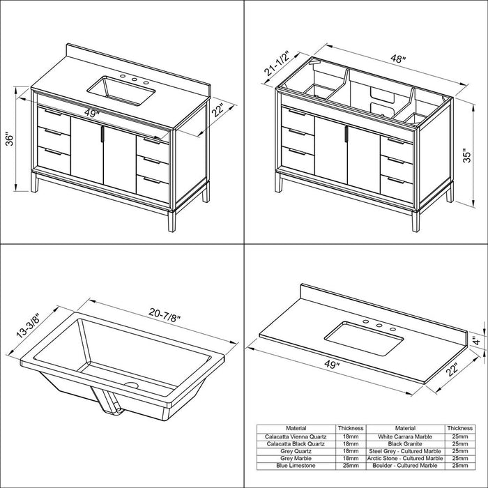 Jeffrey Alexander 48" White Theodora Vanity, Vanity Top, integrated rectangle bowl