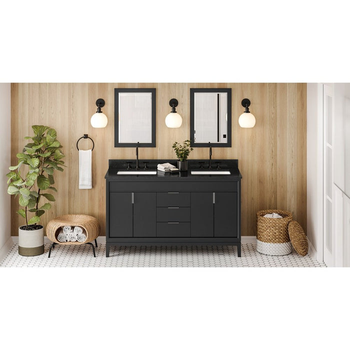 Jeffrey Alexander 60" Black Theodora Vanity, double bowl, Black Granite Vanity Top, two undermount rectangle bowls