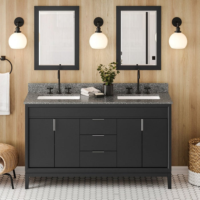 Jeffrey Alexander 60" Black Theodora Vanity, double bowl, Boulder Cultured Marble Vanity Top, two undermount rectangle bowls