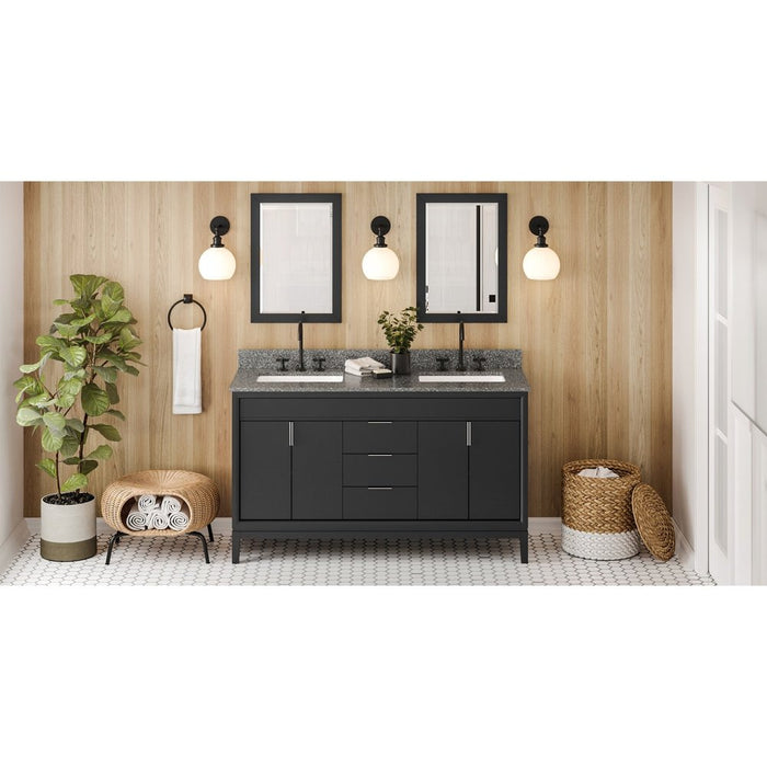 Jeffrey Alexander 60" Black Theodora Vanity, double bowl, Boulder Cultured Marble Vanity Top, two undermount rectangle bowls