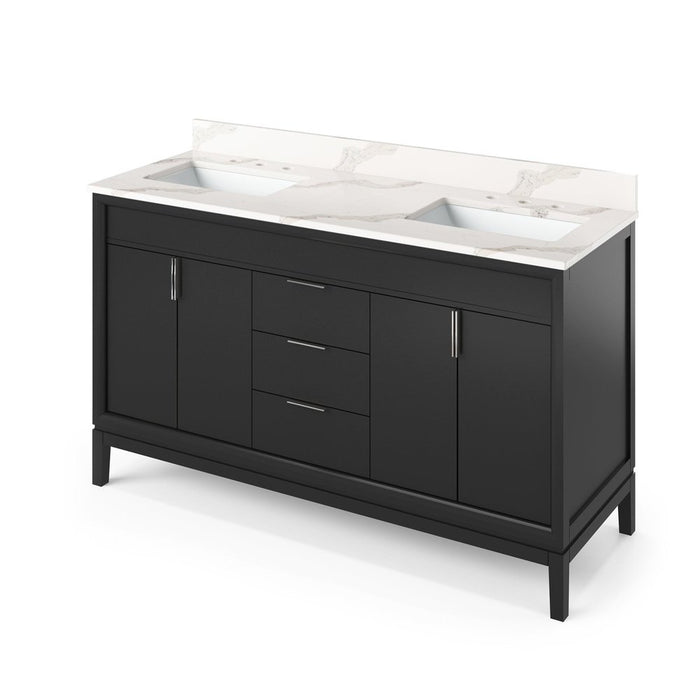 Jeffrey Alexander 60" Black Theodora Vanity, double bowl, Calacatta Vienna Quartz Vanity Top, two undermount rectangle bowls