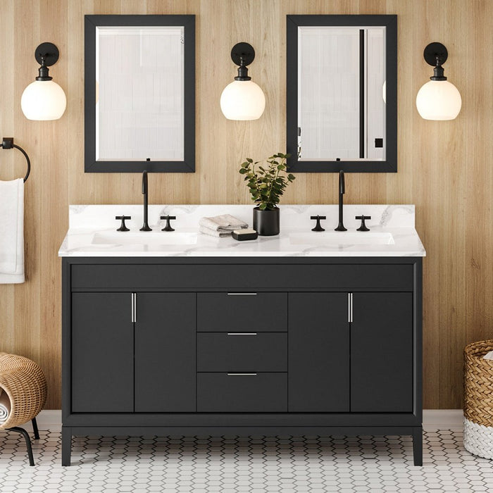 Jeffrey Alexander 60" Black Theodora Vanity, double bowl, Calacatta Vienna Quartz Vanity Top, two undermount rectangle bowls