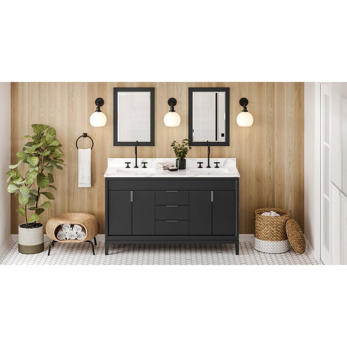 Jeffrey Alexander 60" Black Theodora Vanity, double bowl, Calacatta Vienna Quartz Vanity Top, two undermount rectangle bowls