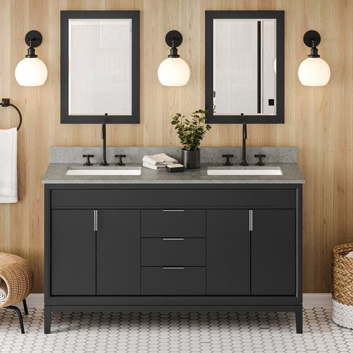 Jeffrey Alexander 60" Black Theodora Vanity, double bowl, Steel Grey Cultured Marble Vanity Top, two undermount rectangle bowls