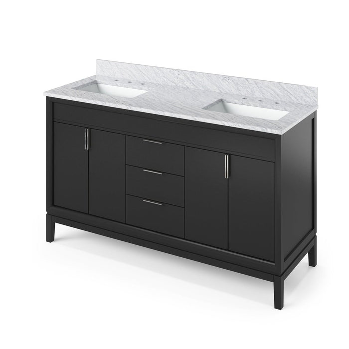 Jeffrey Alexander 60" Black Theodora Vanity, double bowl, White Carrara Marble Vanity Top, two undermount rectangle bowls