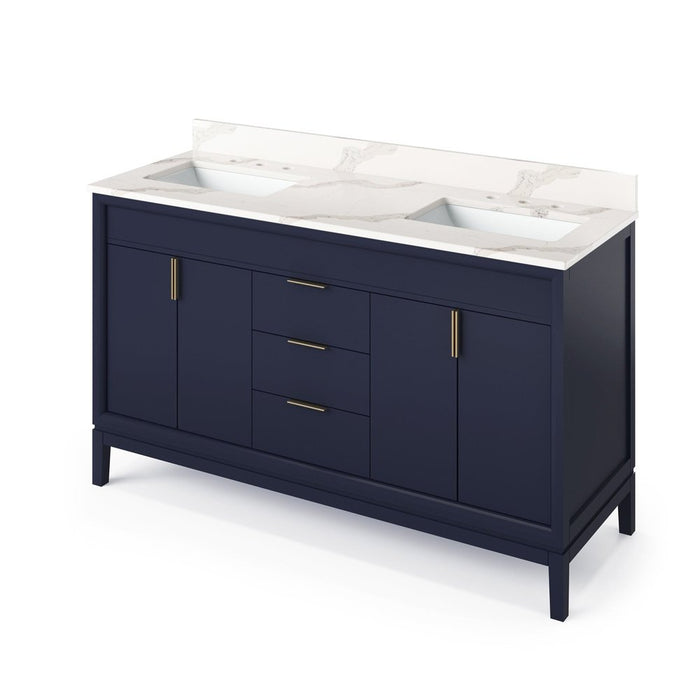 Jeffrey Alexander 60" Hale Blue Theodora Vanity, double bowl, Calacatta Vienna Quartz Vanity Top, two undermount rectangle bowls