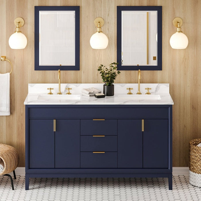 Jeffrey Alexander 60" Hale Blue Theodora Vanity, double bowl, Calacatta Vienna Quartz Vanity Top, two undermount rectangle bowls