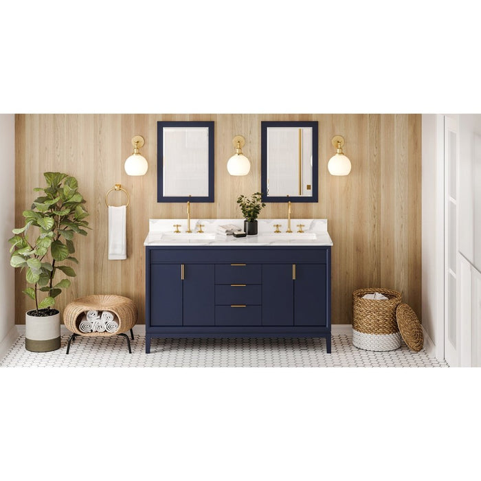 Jeffrey Alexander 60" Hale Blue Theodora Vanity, double bowl, Calacatta Vienna Quartz Vanity Top, two undermount rectangle bowls