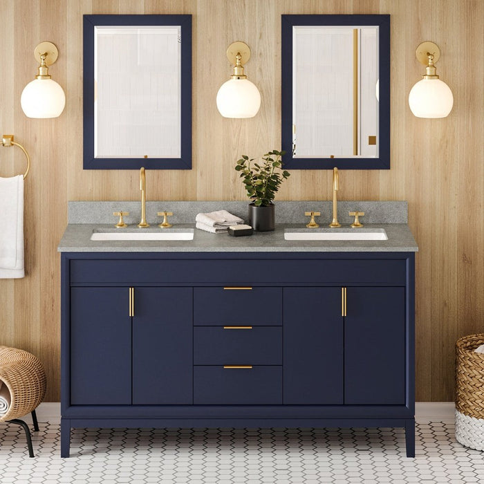 Jeffrey Alexander 60" Hale Blue Theodora Vanity, double bowl, Steel Grey Cultured Marble Vanity Top, two undermount rectangle bowls