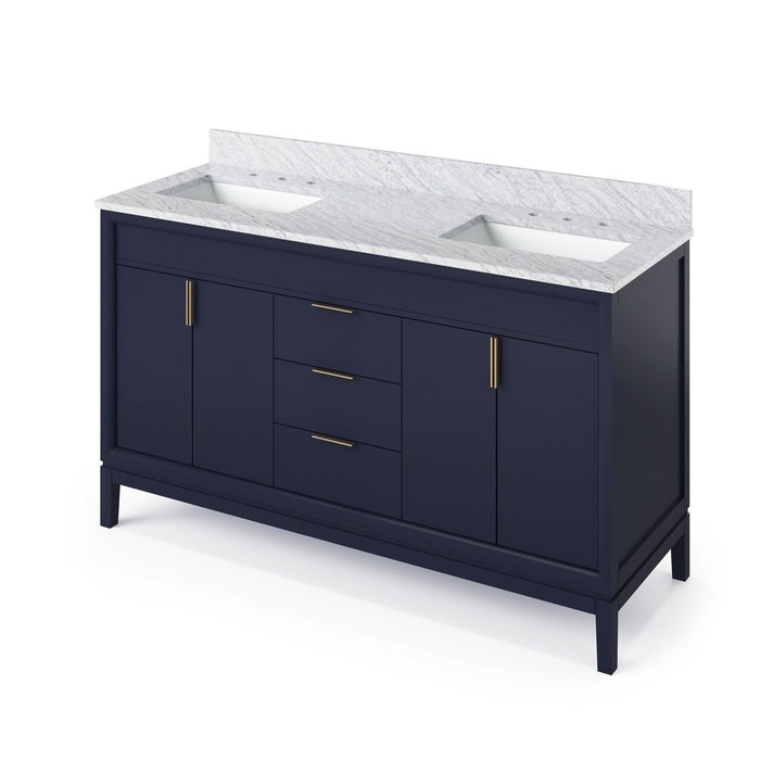 Jeffrey Alexander 60" Hale Blue Theodora Vanity, double bowl, White Carrara Marble Vanity Top, two undermount rectangle bowls