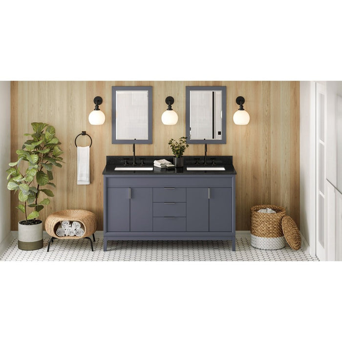 Jeffrey Alexander 60" Blue Steel Theodora Vanity, double bowl, Black Granite Vanity Top, two undermount rectangle bowls