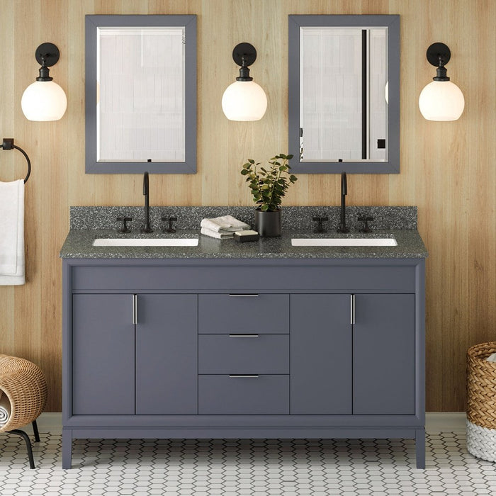 Jeffrey Alexander 60" Blue Steel Theodora Vanity, double bowl, Boulder Cultured Marble Vanity Top, two undermount rectangle bowls