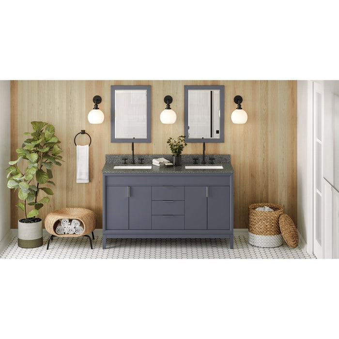 Jeffrey Alexander 60" Blue Steel Theodora Vanity, double bowl, Boulder Cultured Marble Vanity Top, two undermount rectangle bowls