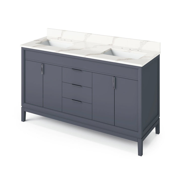 Jeffrey Alexander 60" Blue Steel Theodora Vanity, double bowl, Calacatta Vienna Quartz Vanity Top, two undermount rectangle bowls