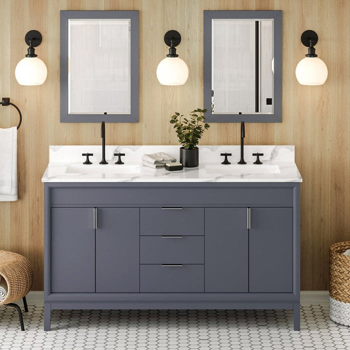 Jeffrey Alexander 60" Blue Steel Theodora Vanity, double bowl, Calacatta Vienna Quartz Vanity Top, two undermount rectangle bowls