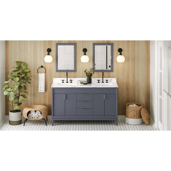 Jeffrey Alexander 60" Blue Steel Theodora Vanity, double bowl, Calacatta Vienna Quartz Vanity Top, two undermount rectangle bowls