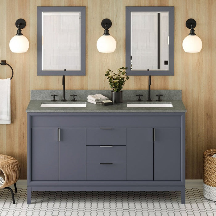 Jeffrey Alexander 60" Blue Steel Theodora Vanity, double bowl, Steel Grey Cultured Marble Vanity Top, two undermount rectangle bowls