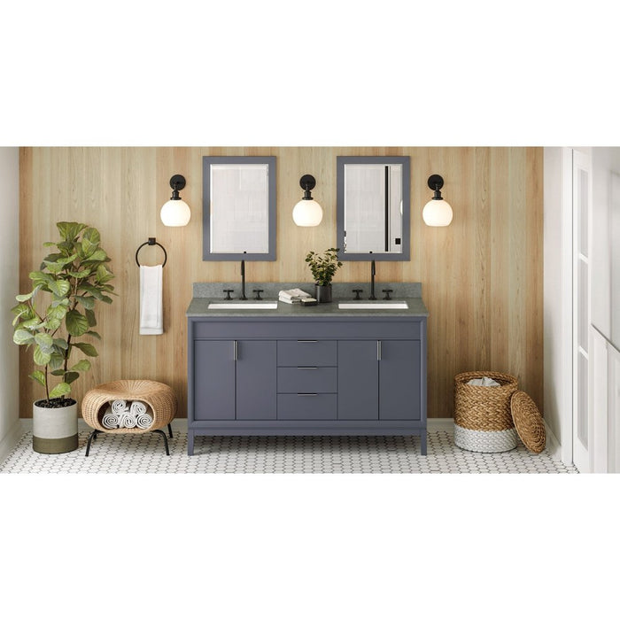 Jeffrey Alexander 60" Blue Steel Theodora Vanity, double bowl, Steel Grey Cultured Marble Vanity Top, two undermount rectangle bowls