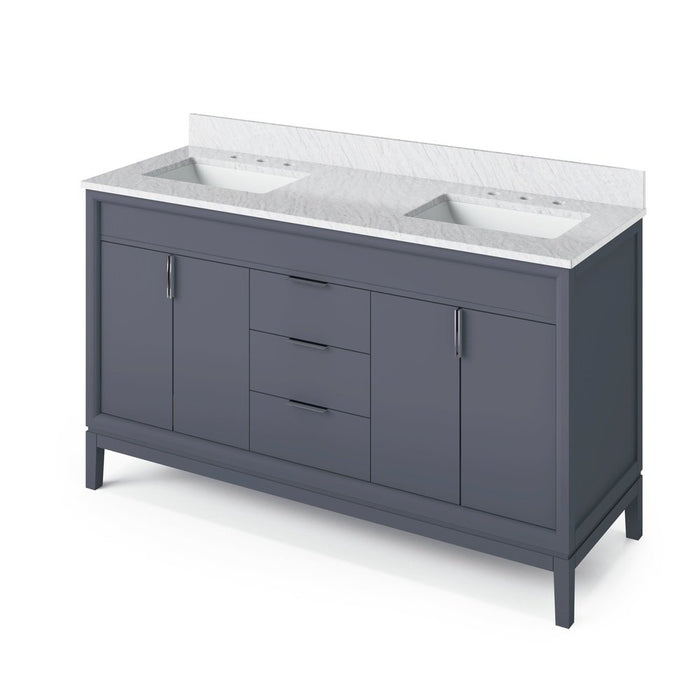 Jeffrey Alexander 60" Blue Steel Theodora Vanity, double bowl, White Carrara Marble Vanity Top, two undermount rectangle bowls