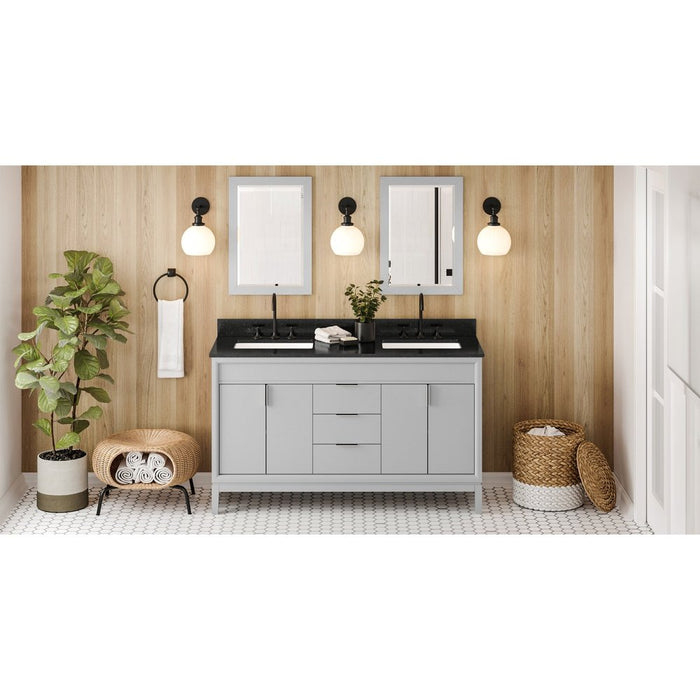 Jeffrey Alexander 60" Grey Theodora Vanity, double bowl, Black Granite Vanity Top, two undermount rectangle bowls