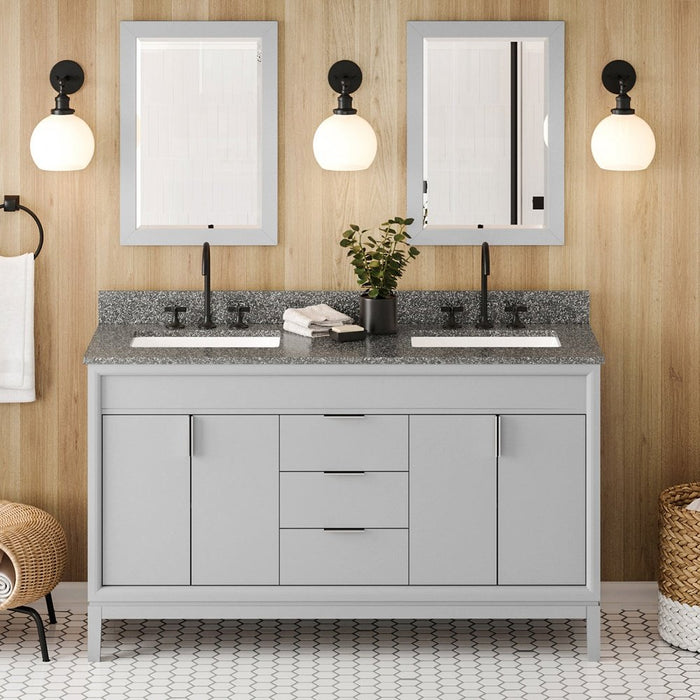 Jeffrey Alexander 60" Grey Theodora Vanity, double bowl, Boulder Cultured Marble Vanity Top, two undermount rectangle bowls