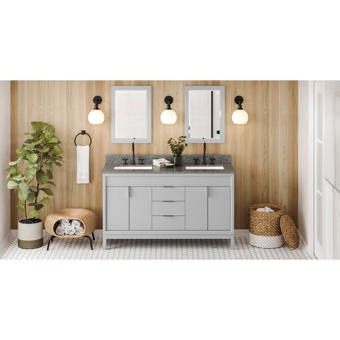 Jeffrey Alexander 60" Grey Theodora Vanity, double bowl, Boulder Cultured Marble Vanity Top, two undermount rectangle bowls