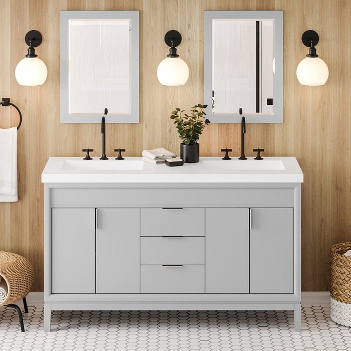 Jeffrey Alexander 60" Grey Theodora Vanity, double bowl, Lavante Cultured Marble Vessel Vanity Top, double integrated rectangle bowls