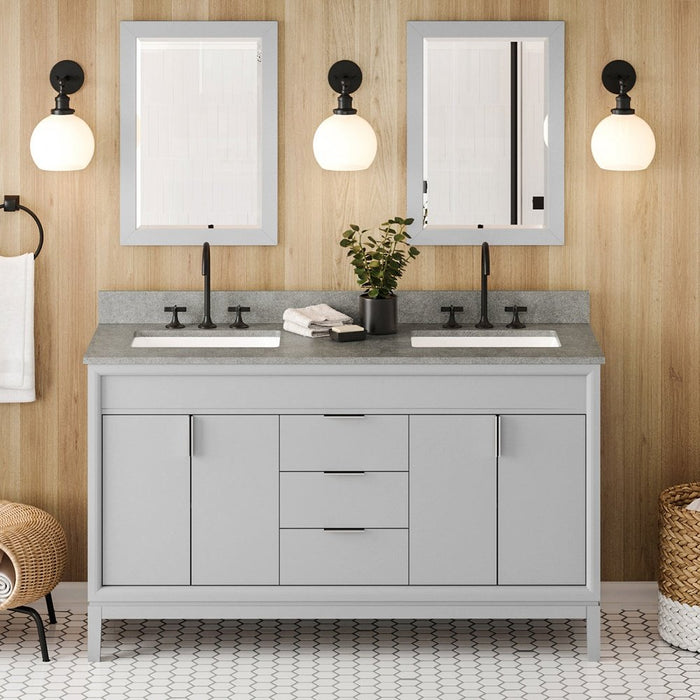 Jeffrey Alexander 60" Grey Theodora Vanity, double bowl, Steel Grey Cultured Marble Vanity Top, two undermount rectangle bowls