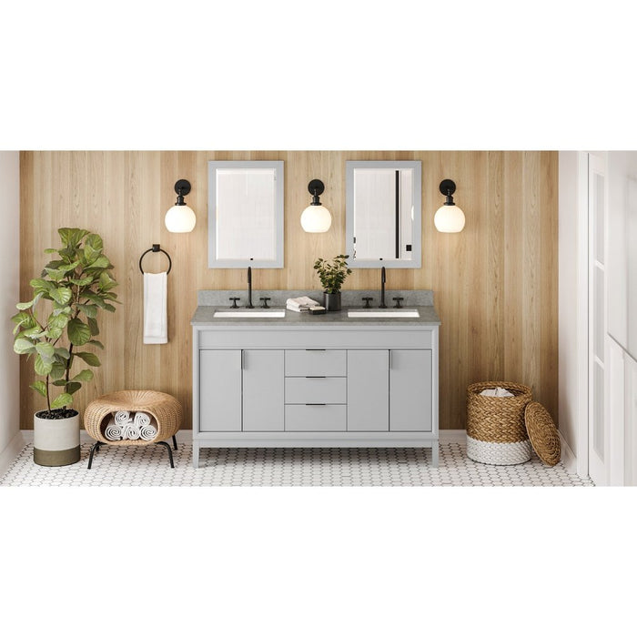 Jeffrey Alexander 60" Grey Theodora Vanity, double bowl, Steel Grey Cultured Marble Vanity Top, two undermount rectangle bowls