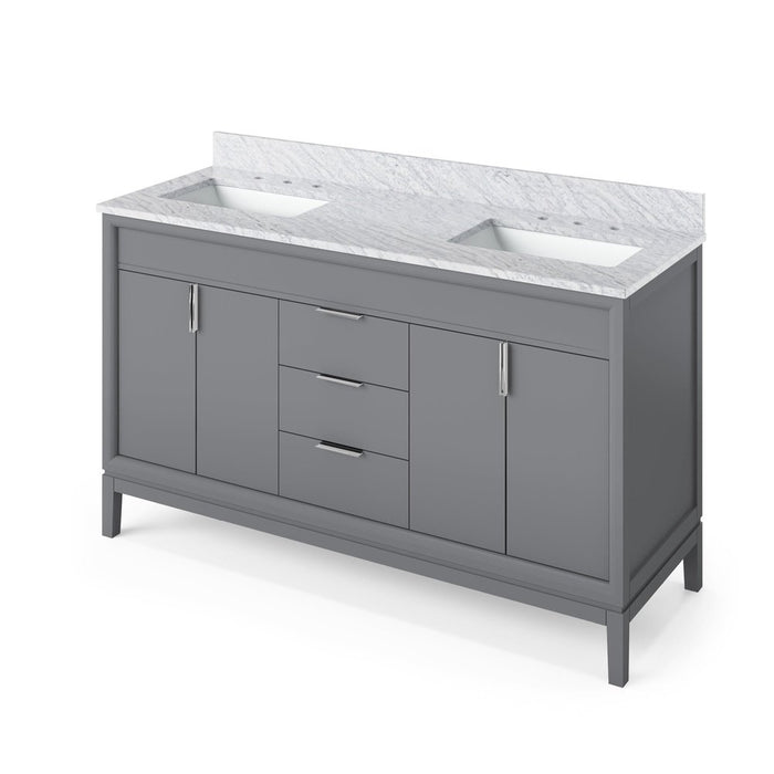 Jeffrey Alexander 60" Grey Theodora Vanity, double bowl, White Carrara Marble Vanity Top, two undermount rectangle bowls