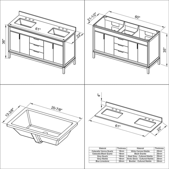 Jeffrey Alexander 60" White Theodora Vanity, double bowl, White Carrara Marble Vanity Top, two undermount rectangle bowls