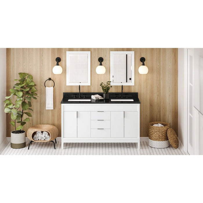 Jeffrey Alexander 60" White Theodora Vanity, double bowl, Black Granite Vanity Top, two undermount rectangle bowls