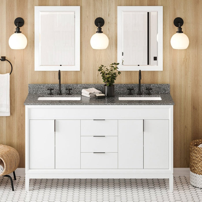 Jeffrey Alexander 60" White Theodora Vanity, double bowl, Boulder Cultured Marble Vanity Top, two undermount rectangle bowls