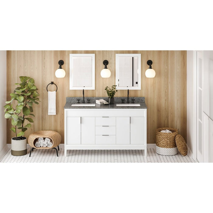 Jeffrey Alexander 60" White Theodora Vanity, double bowl, Boulder Cultured Marble Vanity Top, two undermount rectangle bowls