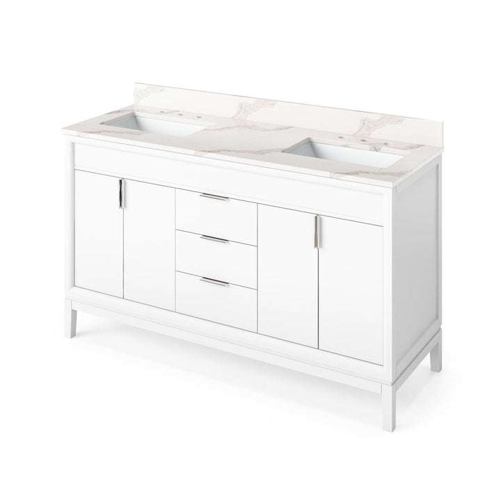 Jeffrey Alexander 60" White Theodora Vanity, double bowl, Calacatta Vienna Quartz Vanity Top, two undermount rectangle bowls