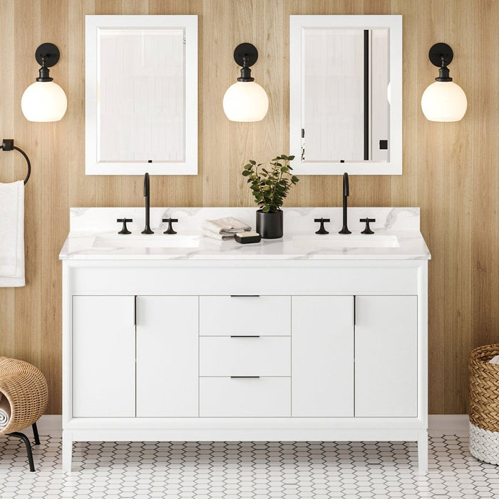 Jeffrey Alexander 60" White Theodora Vanity, double bowl, Calacatta Vienna Quartz Vanity Top, two undermount rectangle bowls