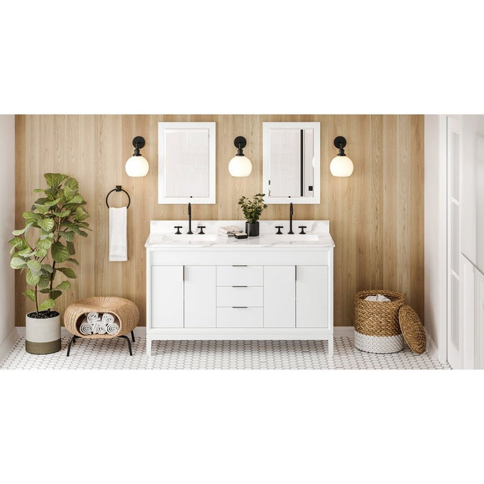 Jeffrey Alexander 60" White Theodora Vanity, double bowl, Calacatta Vienna Quartz Vanity Top, two undermount rectangle bowls