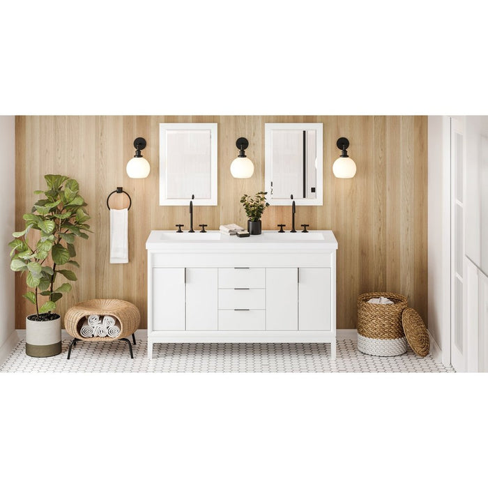 Jeffrey Alexander 60" White Theodora Vanity, double bowl, Lavante Cultured Marble Vessel Vanity Top, double integrated rectangle bowls